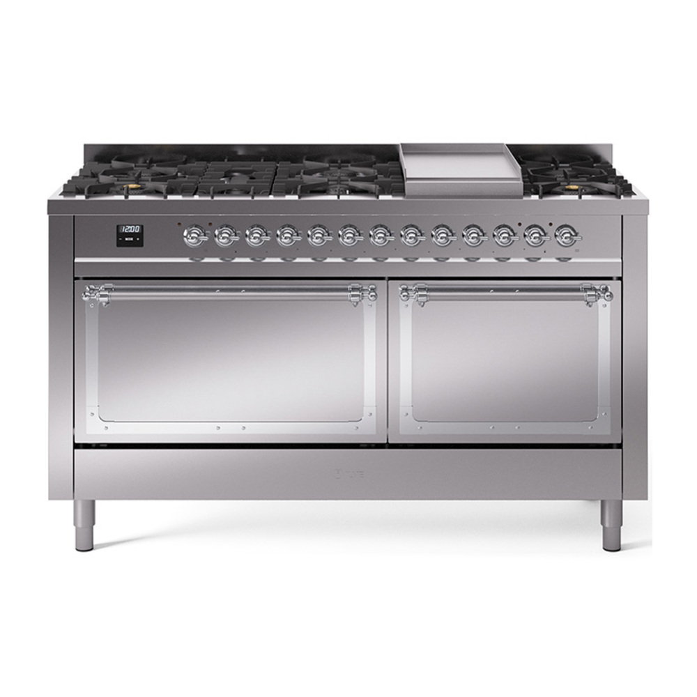 ILVE UN60FQNMPSSCLP Nostalgie II Noblesse 60" Dual Fuel Range      (9 Sealed Burners + Griddle, Liquid Propane, Solid Door, Stainless Steel, Chrome)