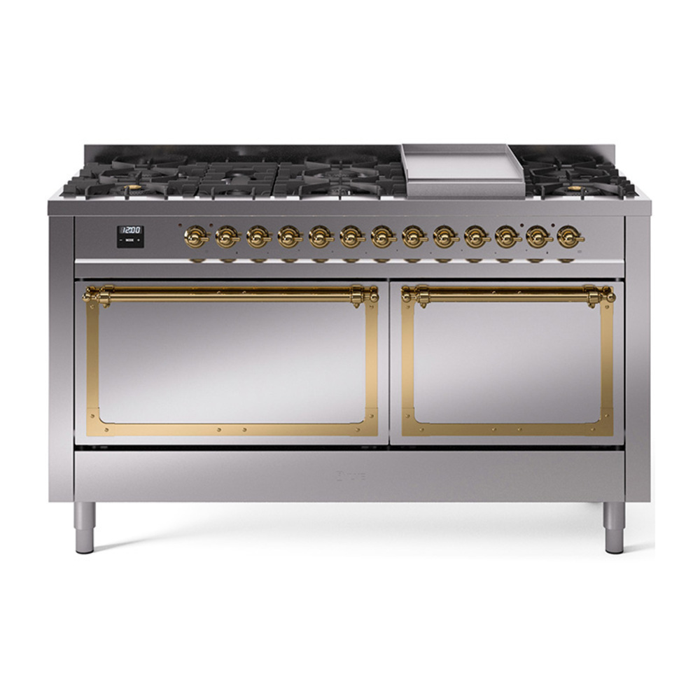 ILVE UN60FQNMPSSGLP Nostalgie II Noblesse 60" Dual Fuel Range      (9 Sealed Burners + Griddle, Liquid Propane, Solid Door, Stainless Steel, Brass)