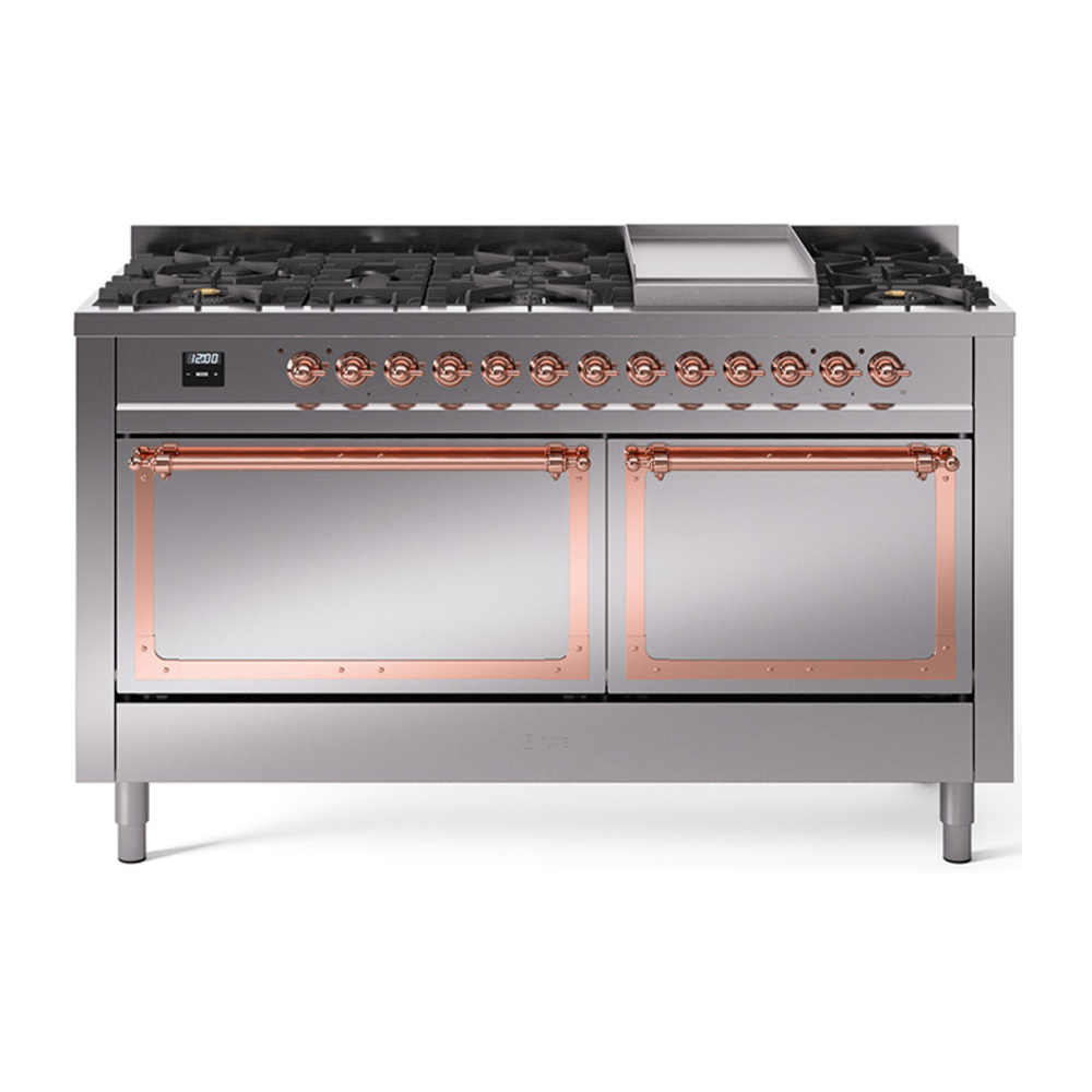 ILVE UN60FQNMPSSP Nostalgie II Noblesse 60" Dual Fuel Range      (9 Sealed Burners + Griddle, Natural Gas, Solid Door, Stainless Steel, Copper)