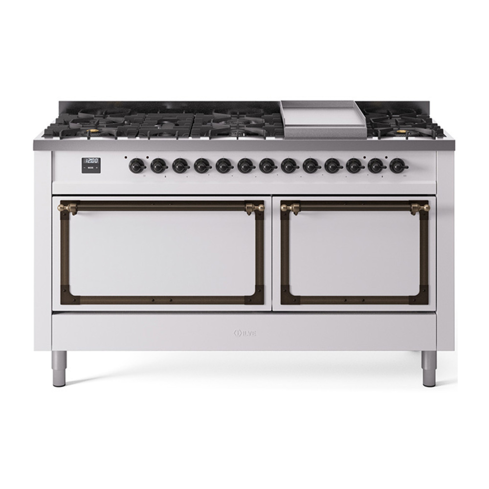 ILVE UN60FQNMPWHBLP Nostalgie II Noblesse 60" Dual Fuel Range      (9 Sealed Burners + Griddle, Liquid Propane, Solid Door, White, Burnished)