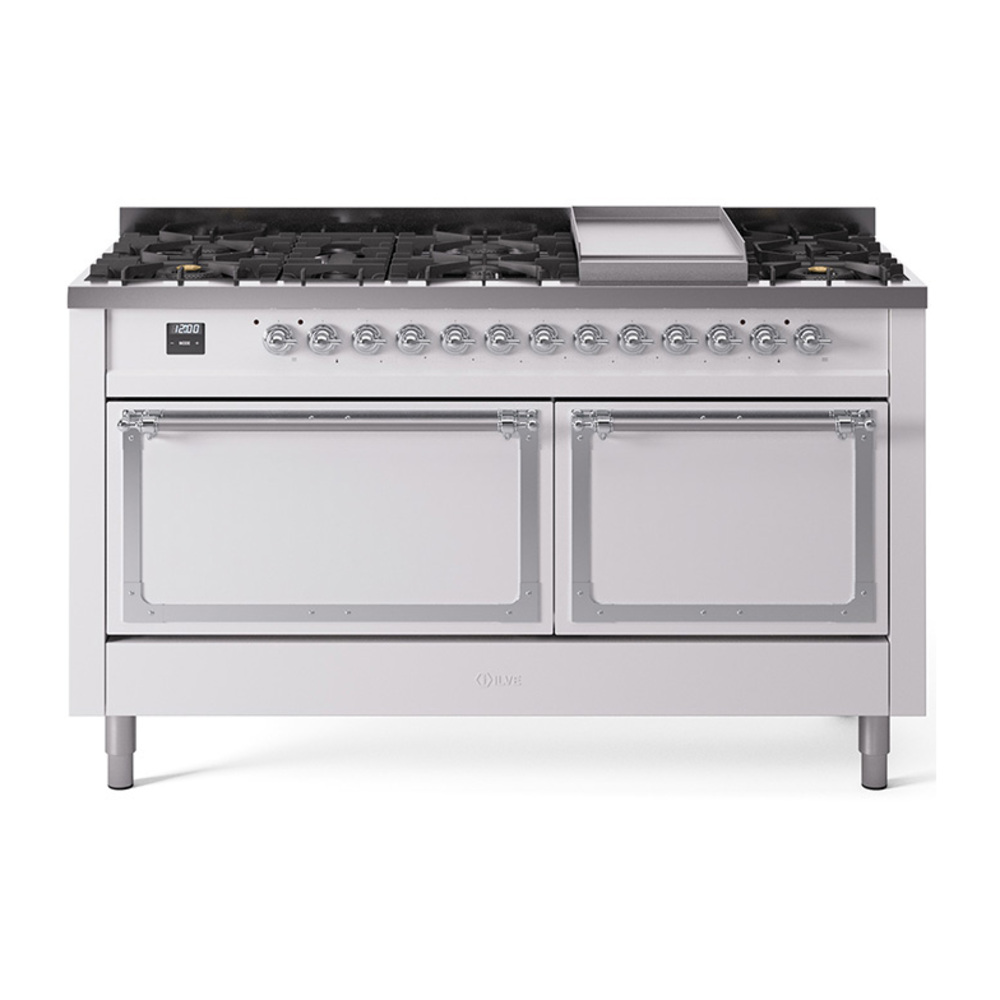 ILVE UN60FQNMPWHCLP Nostalgie II Noblesse 60" Dual Fuel Range      (9 Sealed Burners + Griddle, Liquid Propane, Solid Door, White, Chrome)