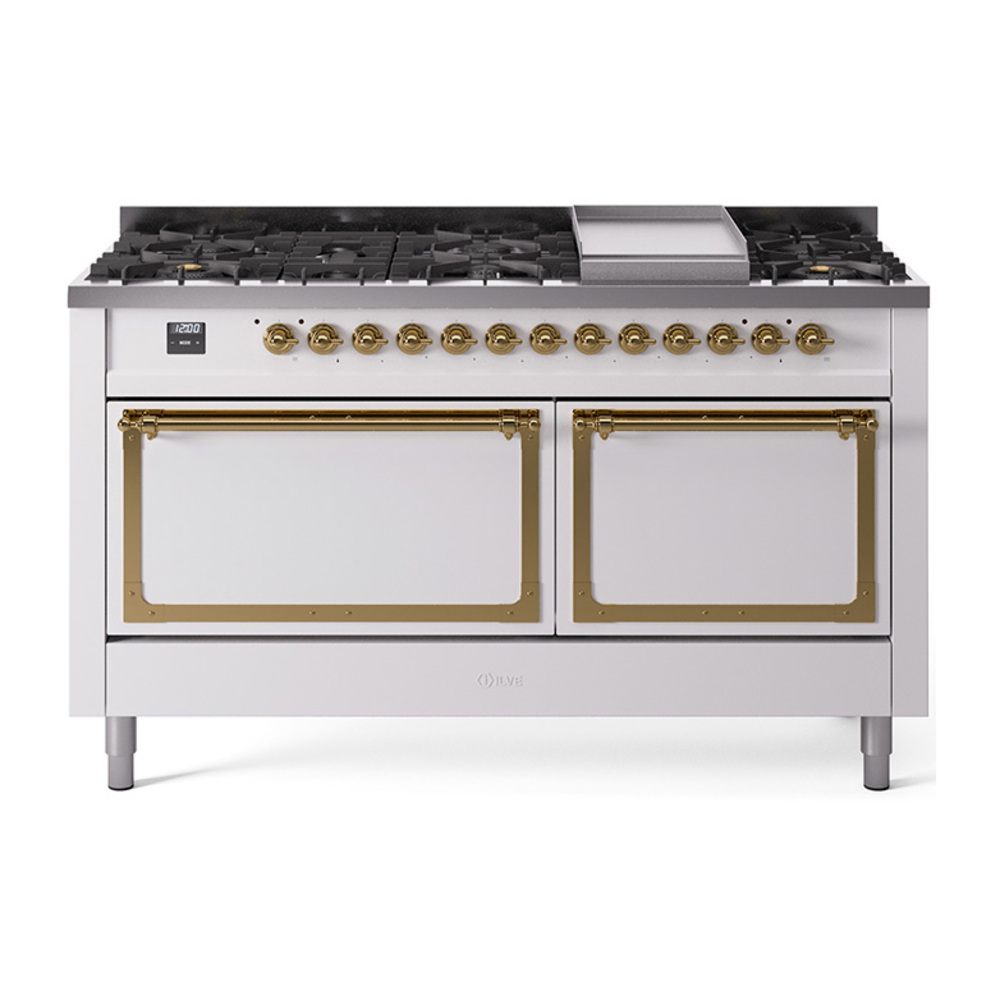 ILVE UN60FQNMPWHGLP Nostalgie II Noblesse 60" Dual Fuel Range      (9 Sealed Burners + Griddle, Liquid Propane, Solid Door, White, Brass)