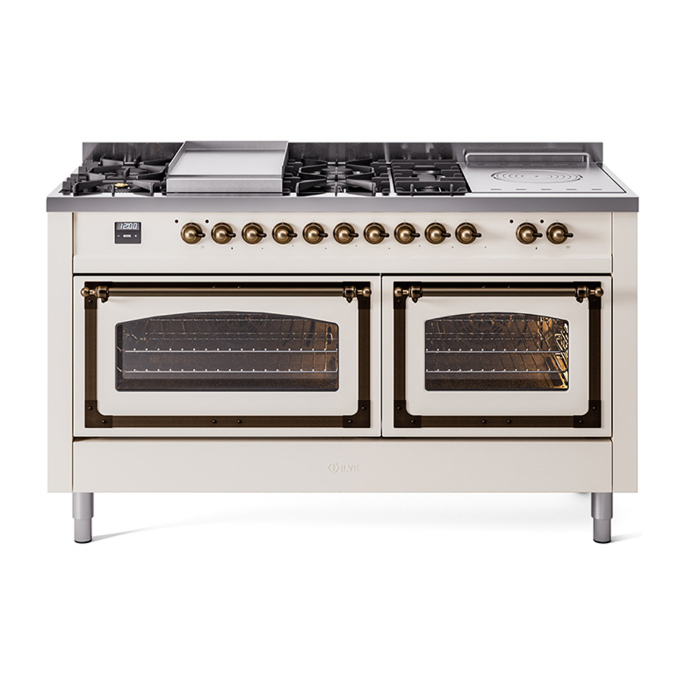 ILVE UN60FSNMPAWBLP Nostalgie II Noblesse 60" Dual Fuel Range      (7 Sealed Burners + Griddle + French Top, Liquid Propane, Triple Glass Door, Antique White, Bronze)