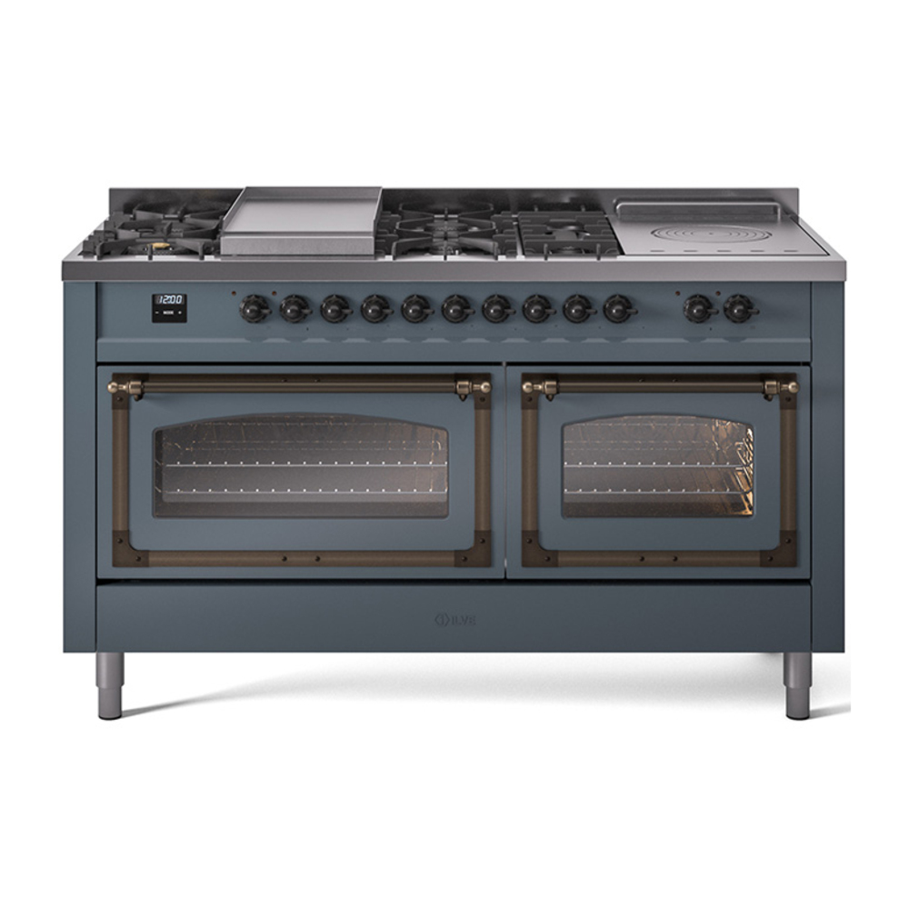 ILVE UN60FSNMPBGBLP Nostalgie II Noblesse 60" Dual Fuel Range      (7 Sealed Burners + Griddle + French Top, Liquid Propane, Triple Glass Door, Blue Grey, Burnished)