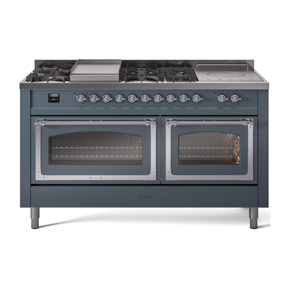 ILVE UN60FSNMPBGCLP Nostalgie II Noblesse 60" Dual Fuel Range      (7 Sealed Burners + Griddle + French Top, Liquid Propane, Triple Glass Door, Blue Grey, Chrome)