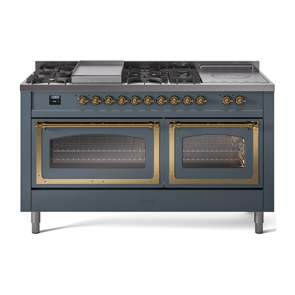 ILVE UN60FSNMPBGGLP Nostalgie II Noblesse 60" Dual Fuel Range      (7 Sealed Burners + Griddle + French Top, Liquid Propane, Triple Glass Door, Blue Grey, Brass)