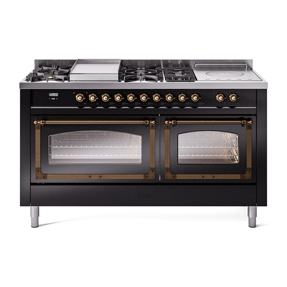 ILVE UN60FSNMPBKBLP Nostalgie II Noblesse 60" Dual Fuel Range      (7 Sealed Burners + Griddle + French Top, Liquid Propane, Triple Glass Door, Glossy Black, Burnished)