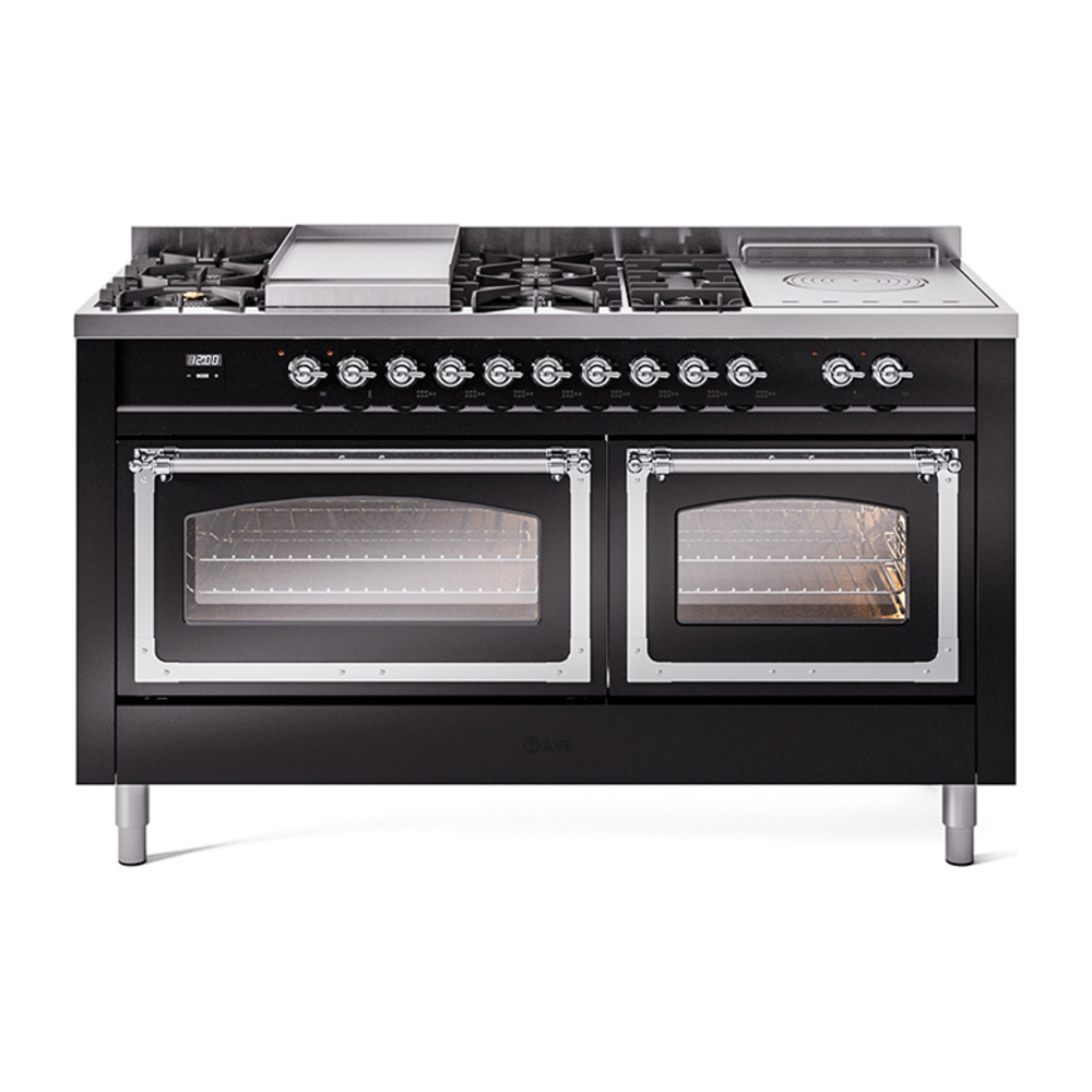 ILVE UN60FSNMPBKC Nostalgie II Noblesse 60" Dual Fuel Range      (7 Sealed Burners + Griddle + French Top, Natural Gas, Triple Glass Door, Glossy Black, Chrome)