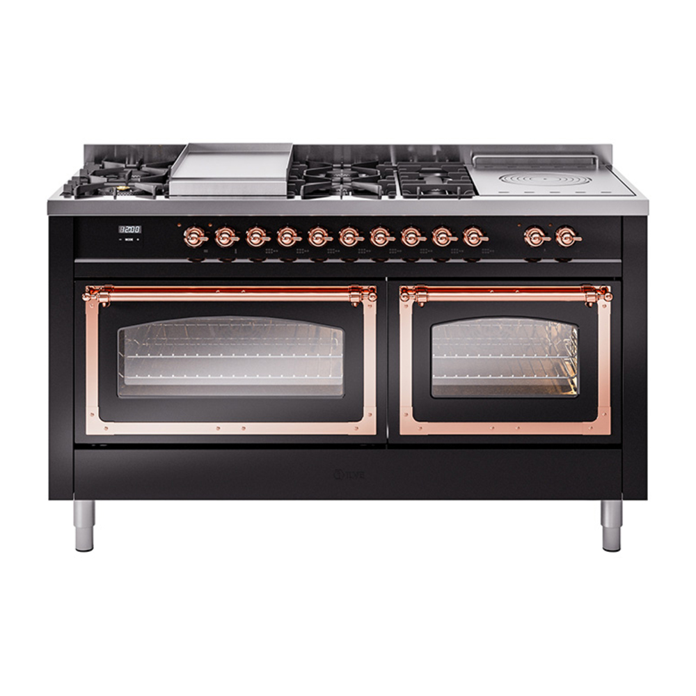 ILVE UN60FSNMPBKPLP Nostalgie II Noblesse 60" Dual Fuel Range      (7 Sealed Burners + Griddle + French Top, Liquid Propane, Triple Glass Door, Glossy Black, Copper)