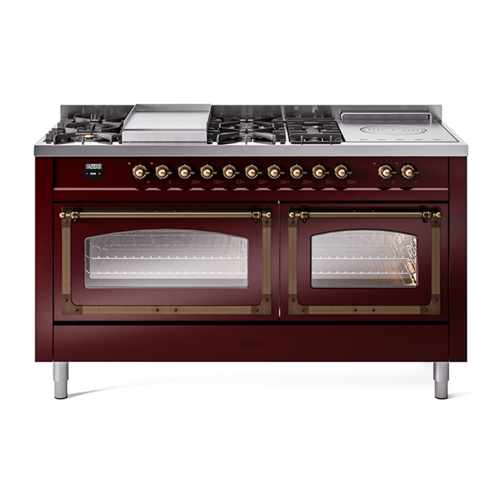 ILVE UN60FSNMPBUBLP Nostalgie II Noblesse 60" Dual Fuel Range      (7 Sealed Burners + Griddle + French Top, Liquid Propane, Triple Glass Door, Burgundy, Bronze)