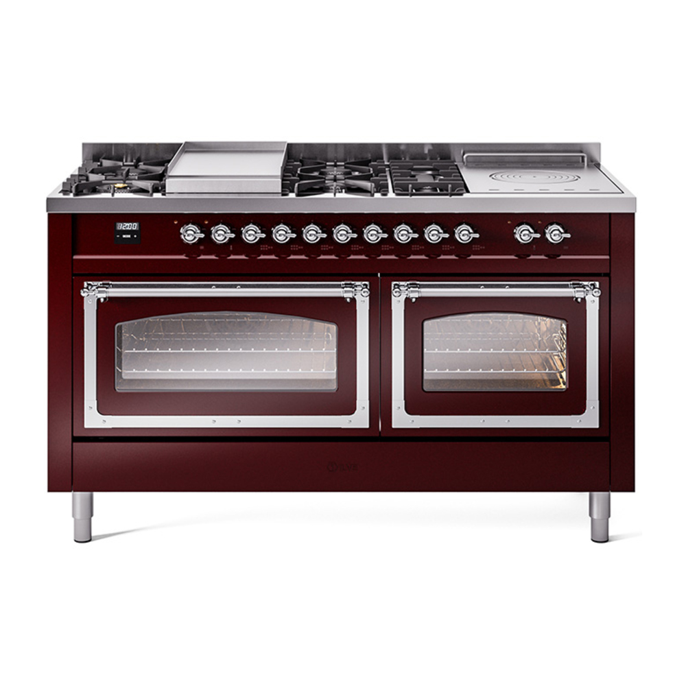 ILVE UN60FSNMPBUCLP Nostalgie II Noblesse 60" Dual Fuel Range      (7 Sealed Burners + Griddle + French Top, Liquid Propane, Triple Glass Door, Burgundy, Chrome)