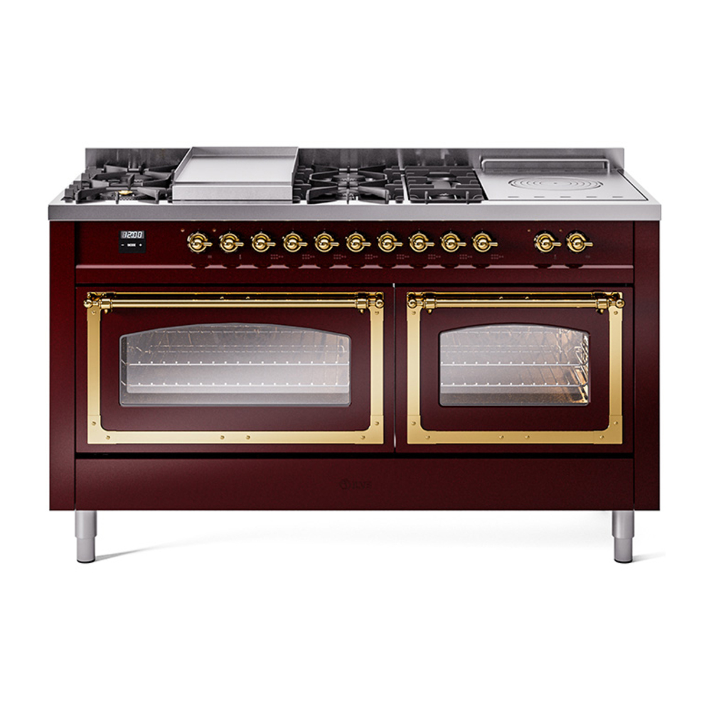 ILVE UN60FSNMPBUGLP Nostalgie II Noblesse 60" Dual Fuel Range      (7 Sealed Burners + Griddle + French Top, Liquid Propane, Triple Glass Door, Burgundy, Brass)