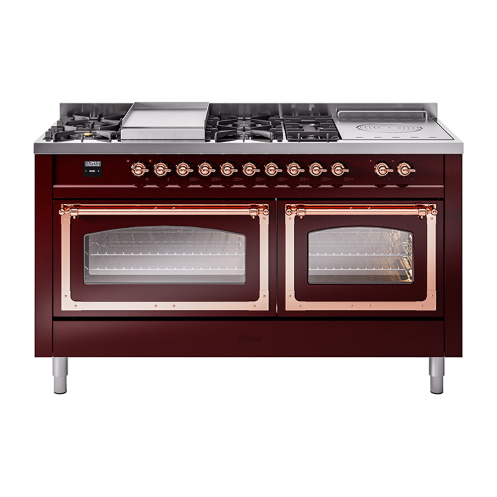 ILVE UN60FSNMPBUP Nostalgie II Noblesse 60" Dual Fuel Range      (7 Sealed Burners + Griddle + French Top, Natural Gas, Triple Glass Door, Burgundy, Copper)