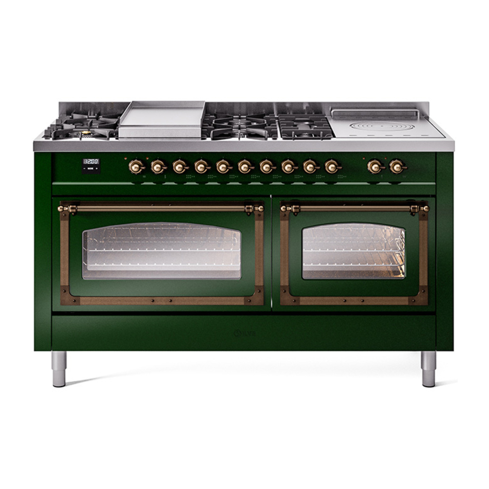 ILVE UN60FSNMPEGBLP Nostalgie II Noblesse 60" Dual Fuel Range      (7 Sealed Burners + Griddle + French Top, Liquid Propane, Triple Glass Door, Emerald Green, Burnished)