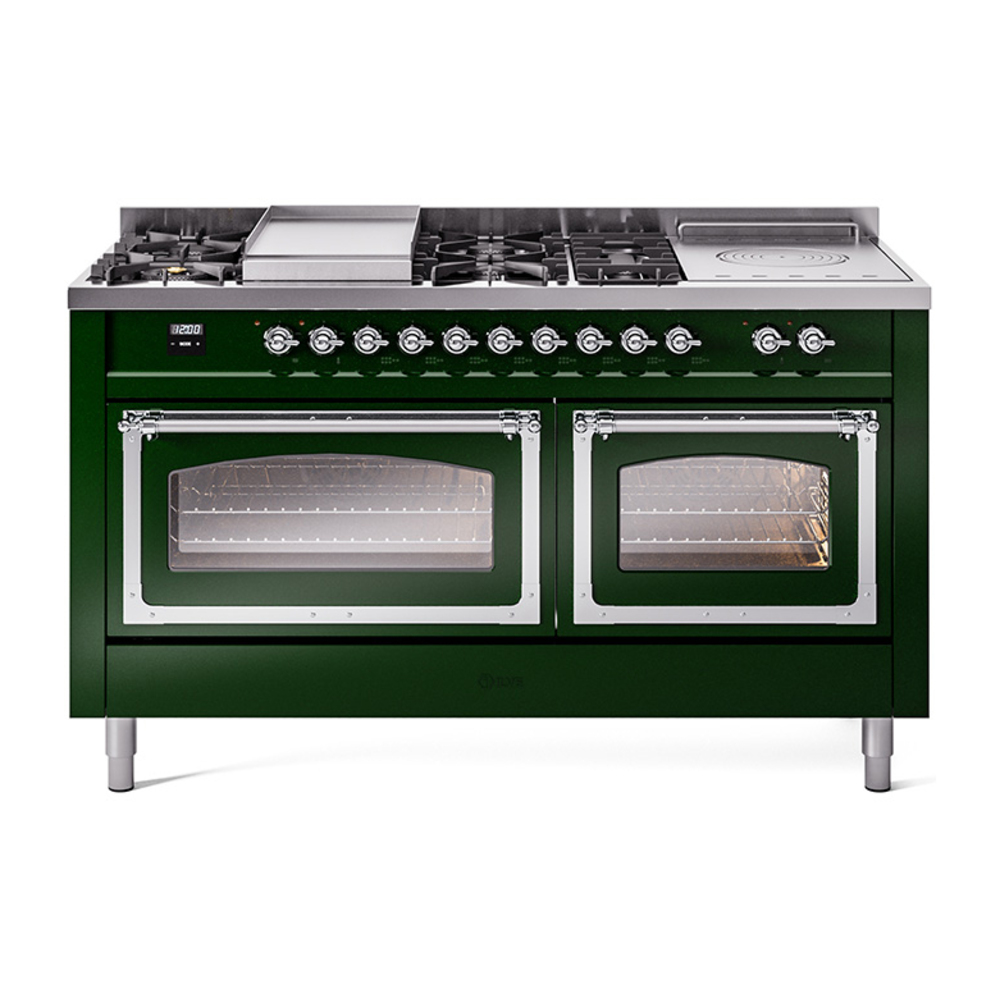 ILVE UN60FSNMPEGCLP Nostalgie II Noblesse 60" Dual Fuel Range      (7 Sealed Burners + Griddle + French Top, Liquid Propane, Triple Glass Door, Emerald Green, Chrome)