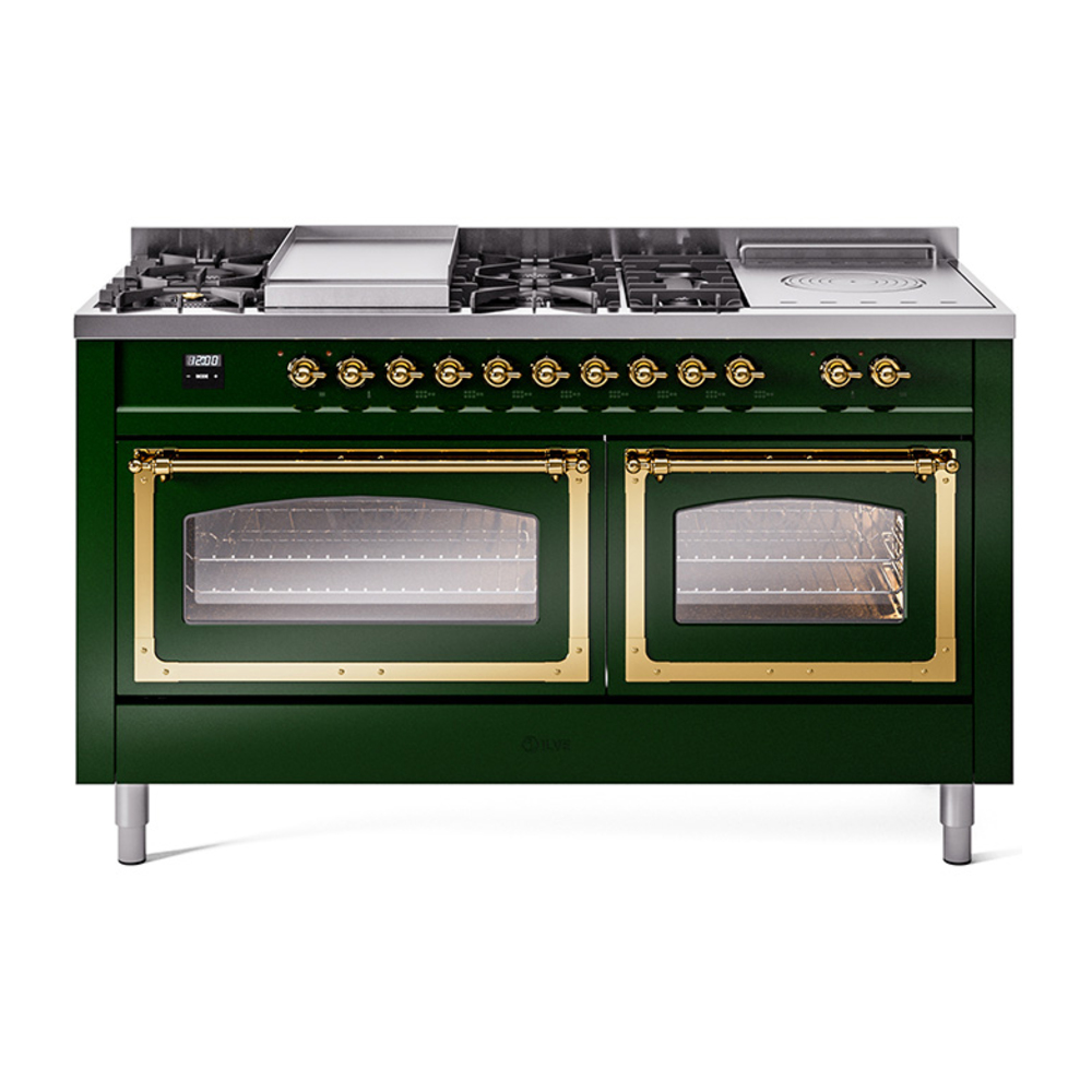 ILVE UN60FSNMPEGG Nostalgie II Noblesse 60" Dual Fuel Range      (7 Sealed Burners + Griddle + French Top, Natural Gas, Triple Glass Door, Emerald Green, Brass)