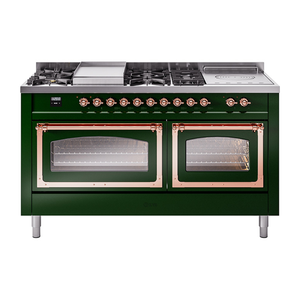 ILVE UN60FSNMPEGP Nostalgie II Noblesse 60" Dual Fuel Range      (7 Sealed Burners + Griddle + French Top, Natural Gas, Triple Glass Door, Emerald Green, Copper)