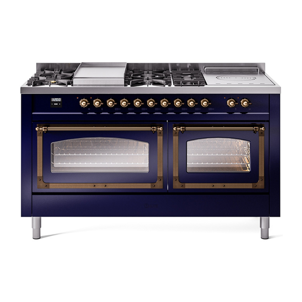 ILVE UN60FSNMPMBBLP Nostalgie II Noblesse 60" Dual Fuel Range      (7 Sealed Burners + Griddle + French Top, Liquid Propane, Triple Glass Door, Midnight Blue, Bronze)