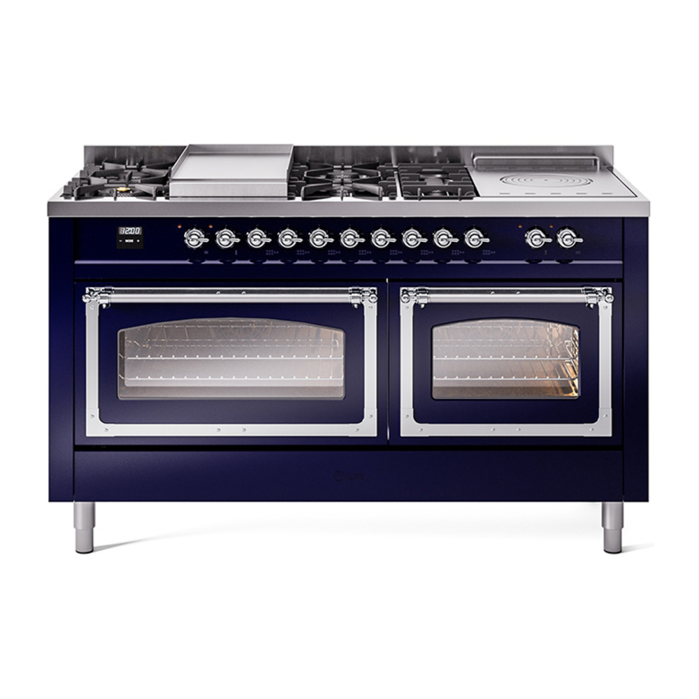 ILVE UN60FSNMPMBCLP Nostalgie II Noblesse 60" Dual Fuel Range      (7 Sealed Burners + Griddle + French Top, Liquid Propane, Triple Glass Door, Midnight Blue, Chrome)