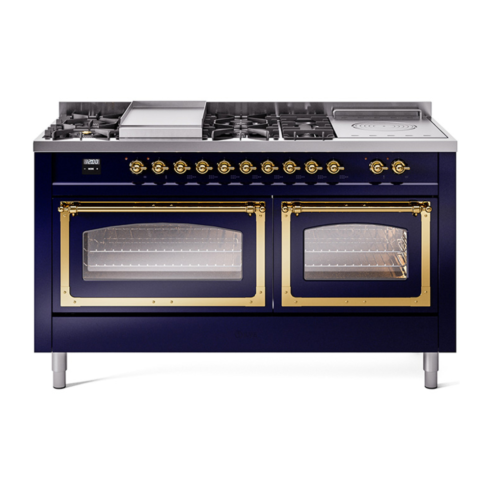 ILVE UN60FSNMPMBGLP Nostalgie II Noblesse 60" Dual Fuel Range      (7 Sealed Burners + Griddle + French Top, Liquid Propane, Triple Glass Door, Midnight Blue, Brass)