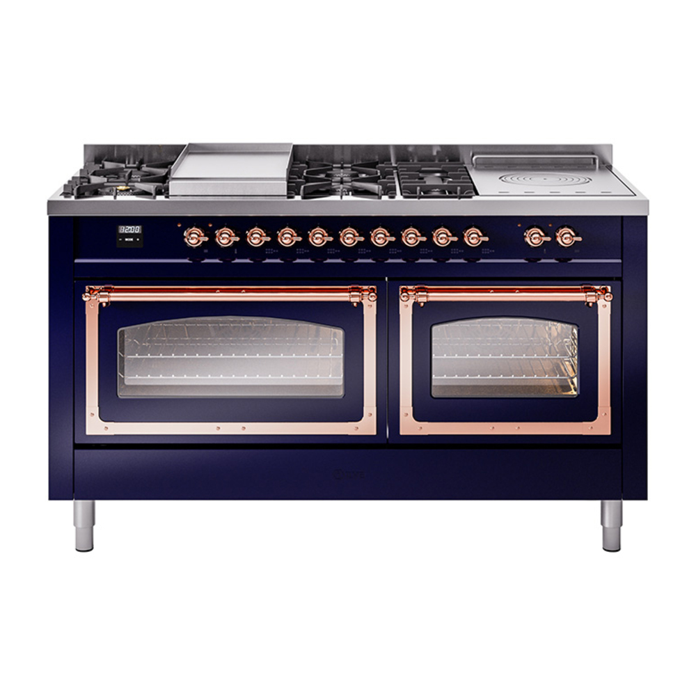 ILVE UN60FSNMPMBP Nostalgie II Noblesse 60" Dual Fuel Range      (7 Sealed Burners + Griddle + French Top, Natural Gas, Triple Glass Door, Midnight Blue, Copper)