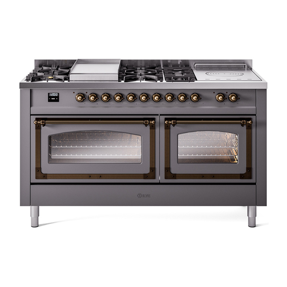 ILVE UN60FSNMPMGBLP Nostalgie II Noblesse 60" Dual Fuel Range      (7 Sealed Burners + Griddle + French Top, Liquid Propane, Triple Glass Door, Graphite Matte, Bronze)