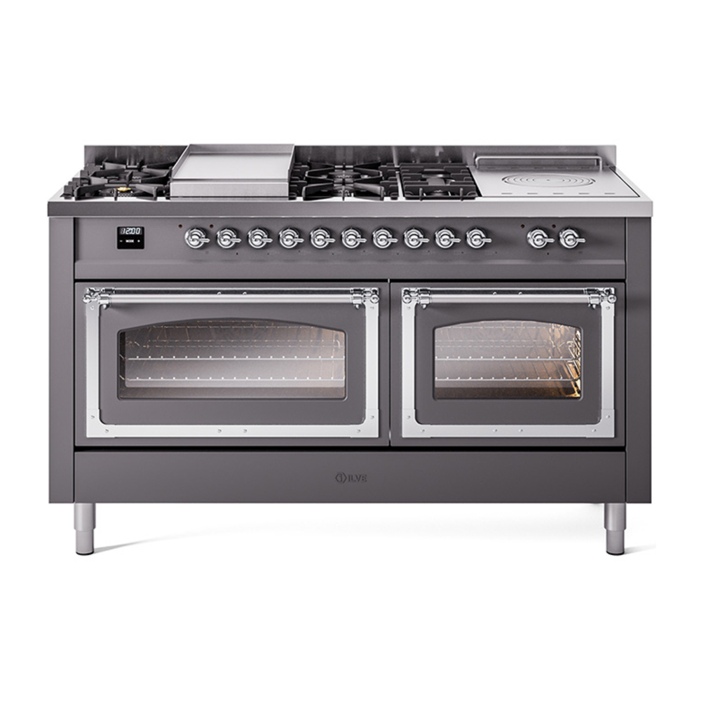 ILVE UN60FSNMPMGCLP Nostalgie II Noblesse 60" Dual Fuel Range      (7 Sealed Burners + Griddle + French Top, Liquid Propane, Triple Glass Door, Graphite Matte, Chrome)