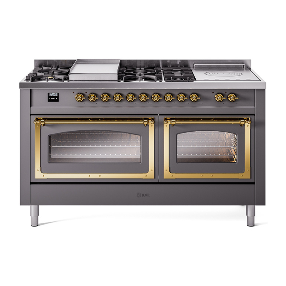 ILVE UN60FSNMPMGGLP Nostalgie II Noblesse 60" Dual Fuel Range      (7 Sealed Burners + Griddle + French Top, Liquid Propane, Triple Glass Door, Graphite Matte, Brass)