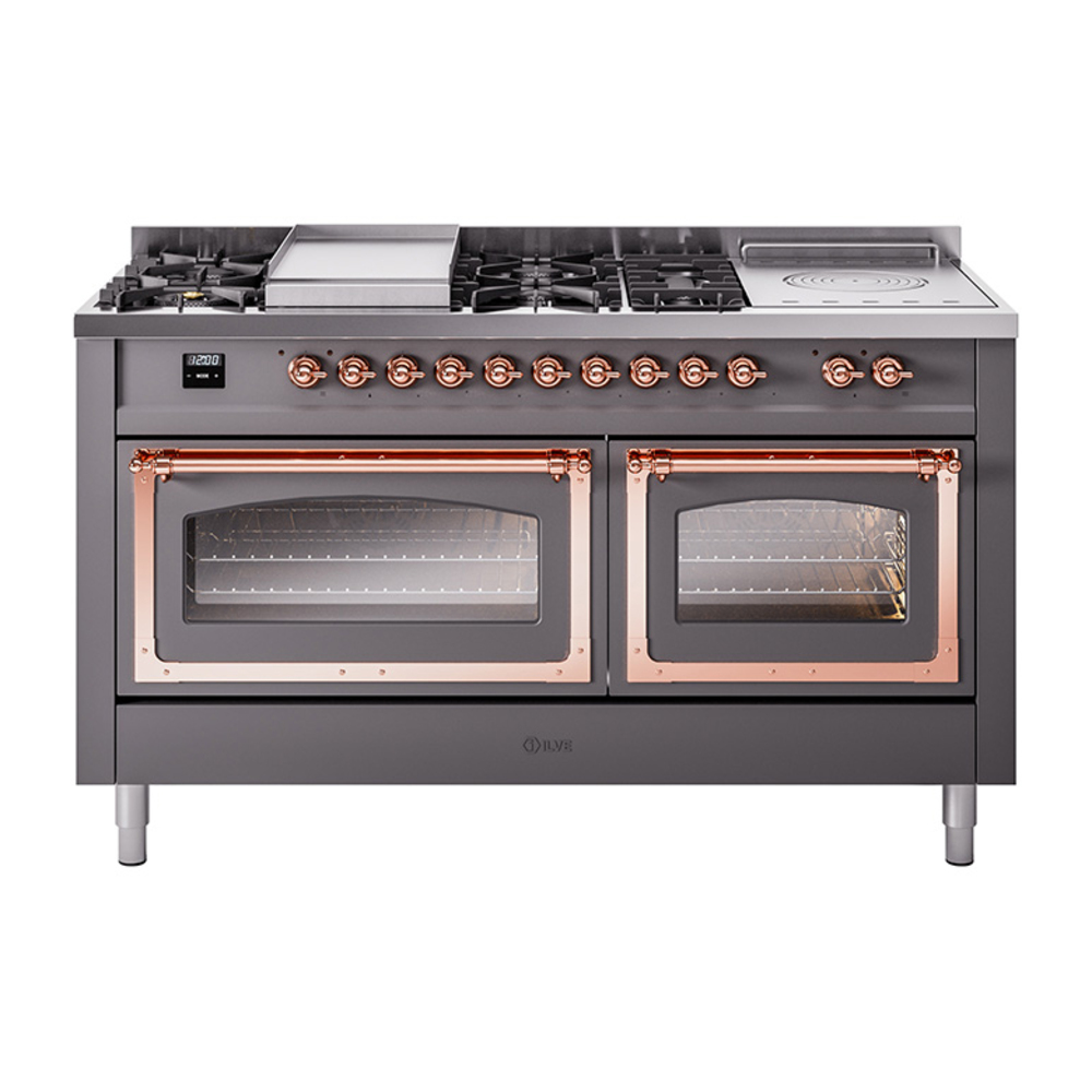 ILVE UN60FSNMPMGP Nostalgie II Noblesse 60" Dual Fuel Range      (7 Sealed Burners + Griddle + French Top, Natural Gas, Triple Glass Door, Graphite Matte, Copper)