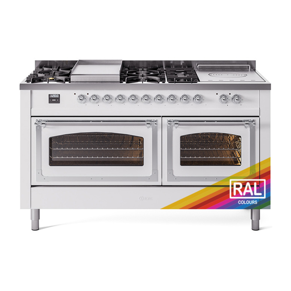 ILVE UN60FSNMPRACLP Nostalgie II Noblesse 60" Dual Fuel Range      (7 Sealed Burners + Griddle + French Top, Liquid Propane, Triple Glass Door, RAL, Chrome)