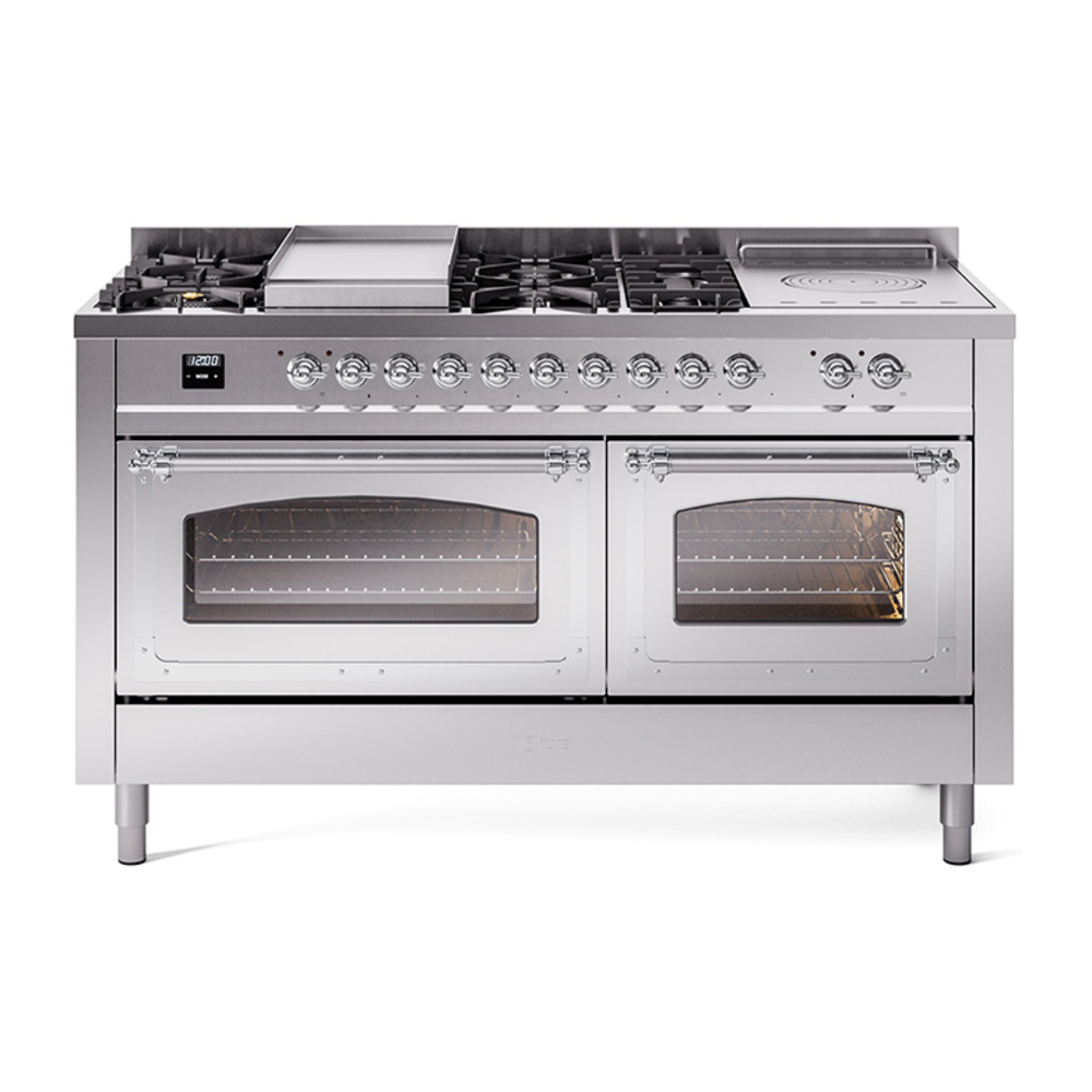 ILVE UN60FSNMPSSCLP Nostalgie II Noblesse 60" Dual Fuel Range      (7 Sealed Burners + Griddle + French Top, Liquid Propane, Triple Glass Door, Stainless Steel, Chrome)