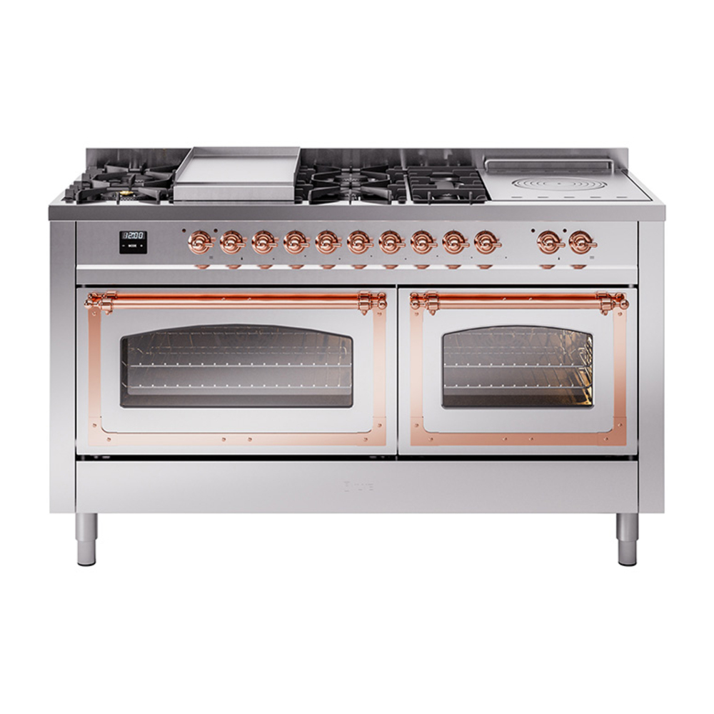 ILVE UN60FSNMPSSPLP Nostalgie II Noblesse 60" Dual Fuel Range      (7 Sealed Burners + Griddle + French Top, Liquid Propane, Triple Glass Door, Stainless Steel, Copper)