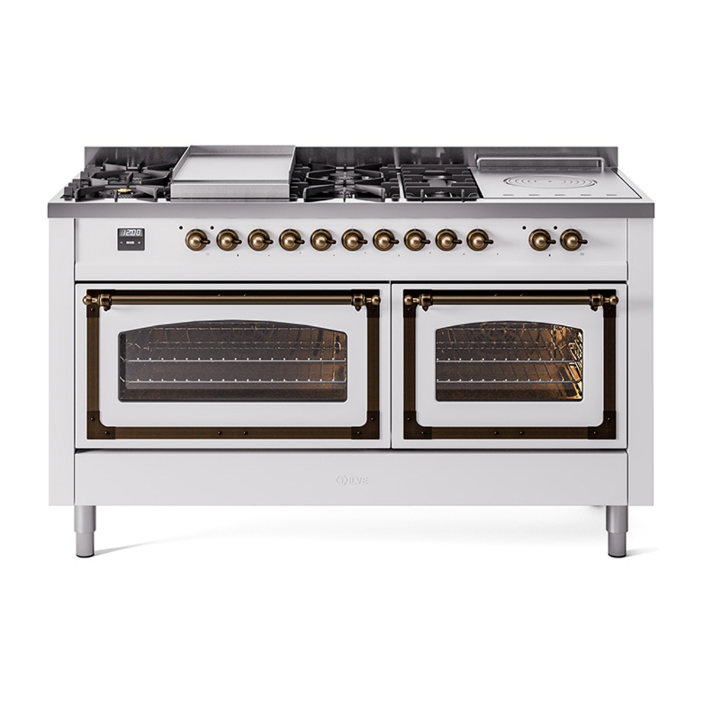 ILVE UN60FSNMPWHBLP Nostalgie II Noblesse 60" Dual Fuel Range      (7 Sealed Burners + Griddle + French Top, Liquid Propane, Triple Glass Door, White, Bronze)