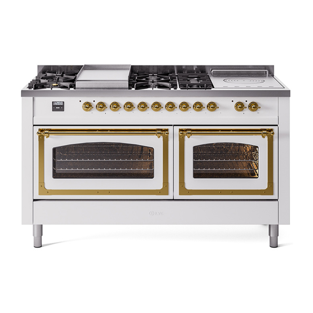 ILVE UN60FSNMPWHGLP Nostalgie II Noblesse 60" Dual Fuel Range      (7 Sealed Burners + Griddle + French Top, Liquid Propane, Triple Glass Door, White, Brass)