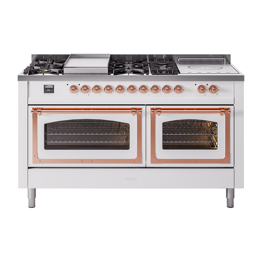 ILVE UN60FSNMPWHPLP Nostalgie II Noblesse 60" Dual Fuel Range      (7 Sealed Burners + Griddle + French Top, Liquid Propane, Triple Glass Door, White, Copper)