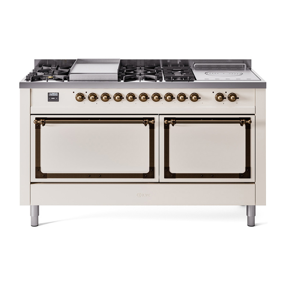 ILVE UN60FSQNMPAWBLP Nostalgie II Noblesse 60" Dual Fuel Range      (7 Sealed Burners + Griddle + French Top, Liquid Propane, Solid Door, Antique White, Bronze)