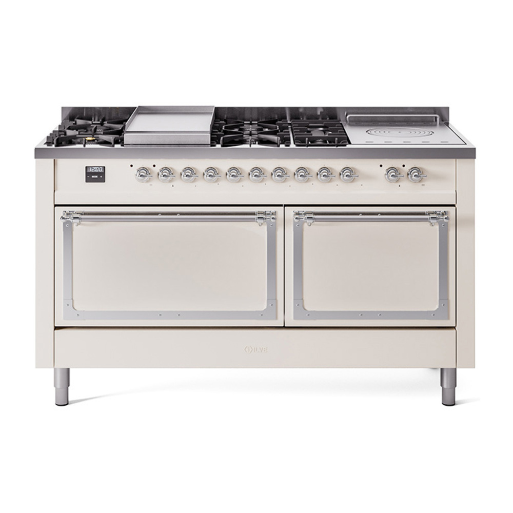 ILVE UN60FSQNMPAWCLP Nostalgie II Noblesse 60" Dual Fuel Range      (7 Sealed Burners + Griddle + French Top, Liquid Propane, Solid Door, Antique White, Chrome)