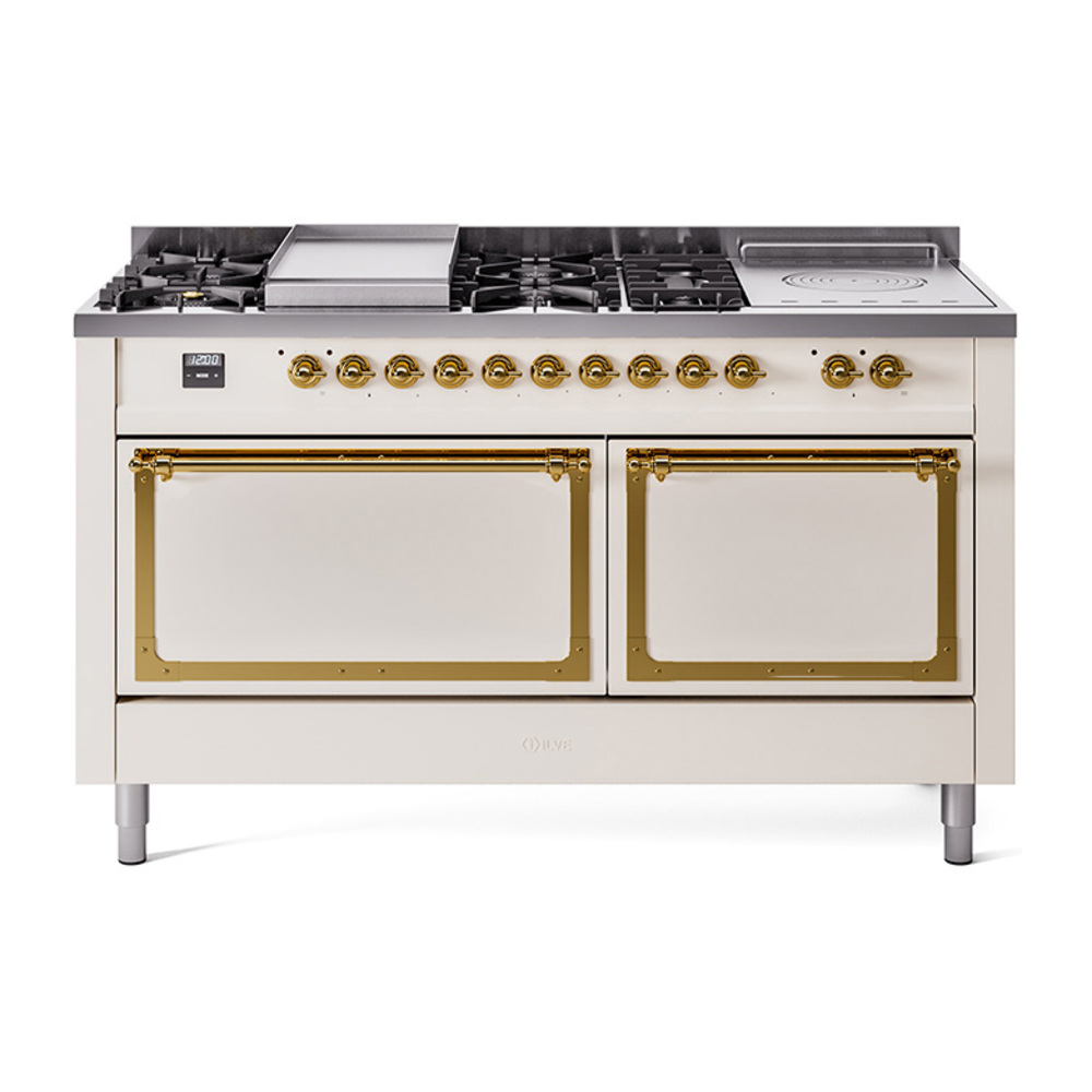 ILVE UN60FSQNMPAWGLP Nostalgie II Noblesse 60" Dual Fuel Range      (7 Sealed Burners + Griddle + French Top, Liquid Propane, Solid Door, Antique White, Brass)