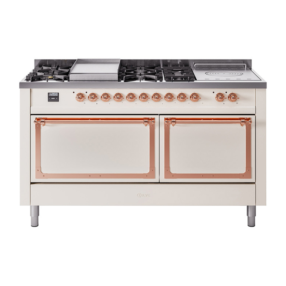 ILVE UN60FSQNMPAWPLP Nostalgie II Noblesse 60" Dual Fuel Range      (7 Sealed Burners + Griddle + French Top, Liquid Propane, Solid Door, Antique White, Copper)