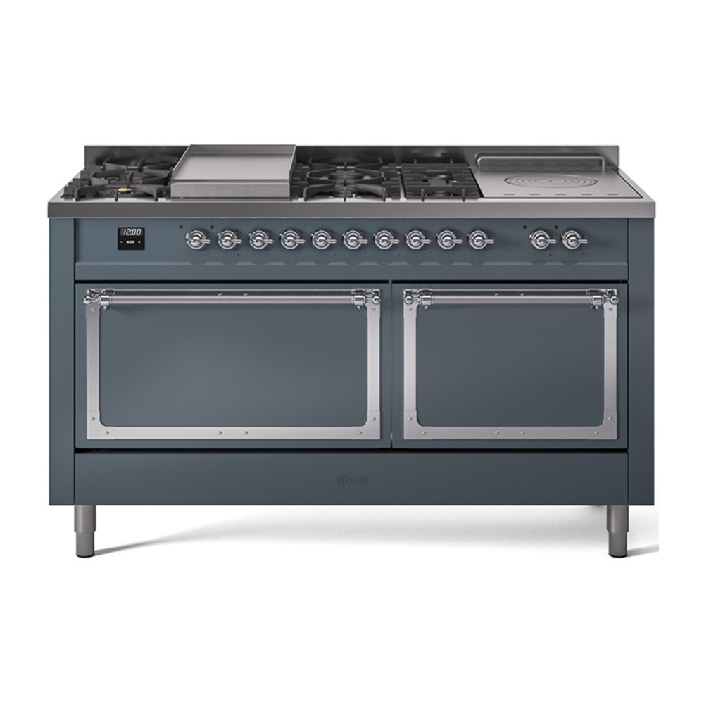 ILVE UN60FSQNMPBGC Nostalgie II Noblesse 60" Dual Fuel Range      (7 Sealed Burners + Griddle + French Top, Natural Gas, Solid Door, Blue Grey, Chrome)