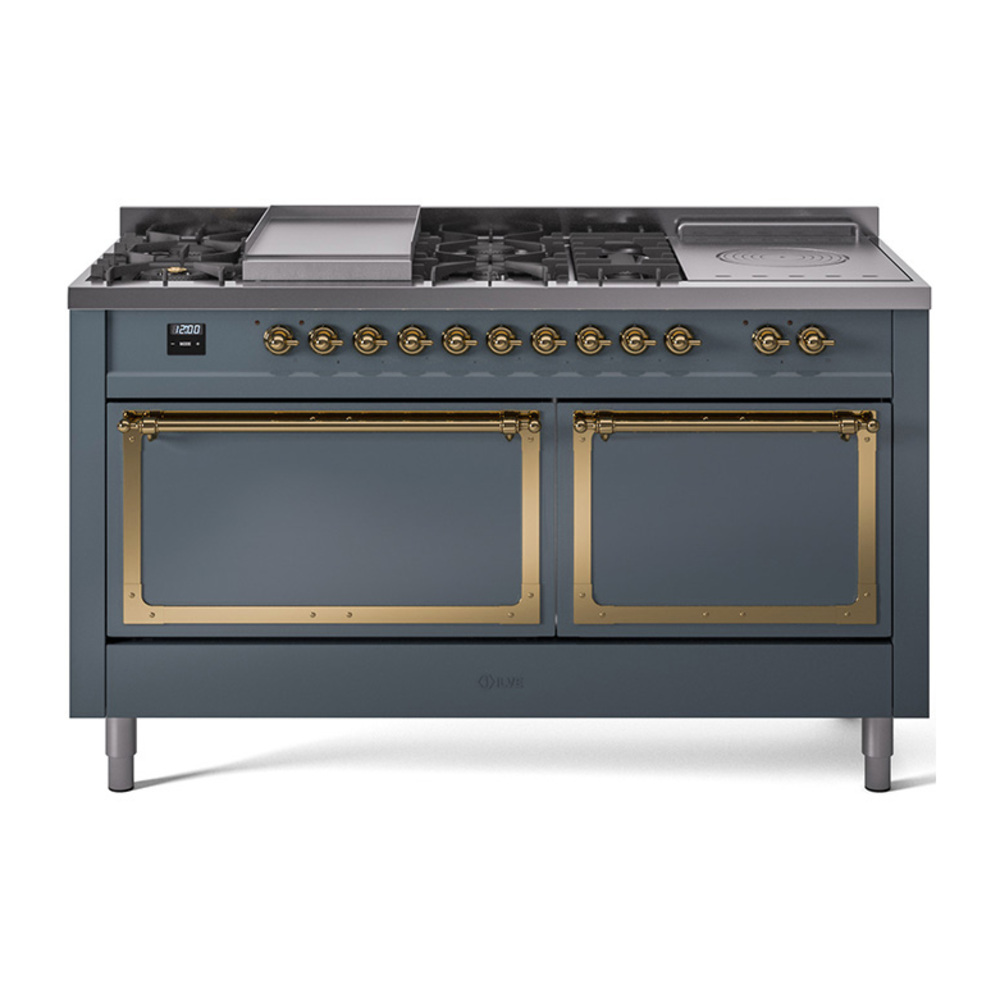 ILVE UN60FSQNMPBGGLP Nostalgie II Noblesse 60" Dual Fuel Range      (7 Sealed Burners + Griddle + French Top, Liquid Propane, Solid Door, Blue Grey, Brass)