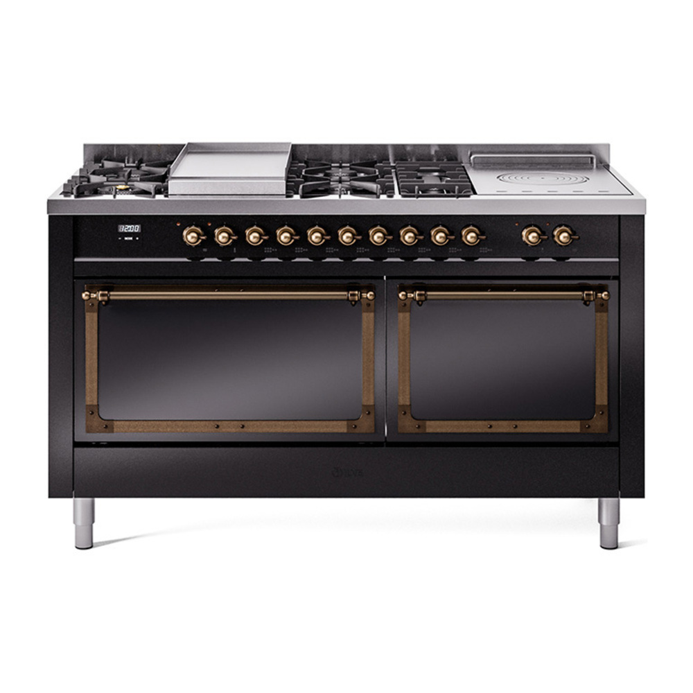 ILVE UN60FSQNMPBKBLP Nostalgie II Noblesse 60" Dual Fuel Range      (7 Sealed Burners + Griddle + French Top, Liquid Propane, Solid Door, Glossy Black, Burnished)