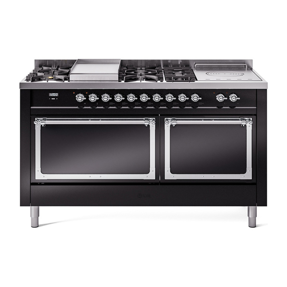 ILVE UN60FSQNMPBKCLP Nostalgie II Noblesse 60" Dual Fuel Range      (7 Sealed Burners + Griddle + French Top, Liquid Propane, Solid Door, Glossy Black, Chrome)