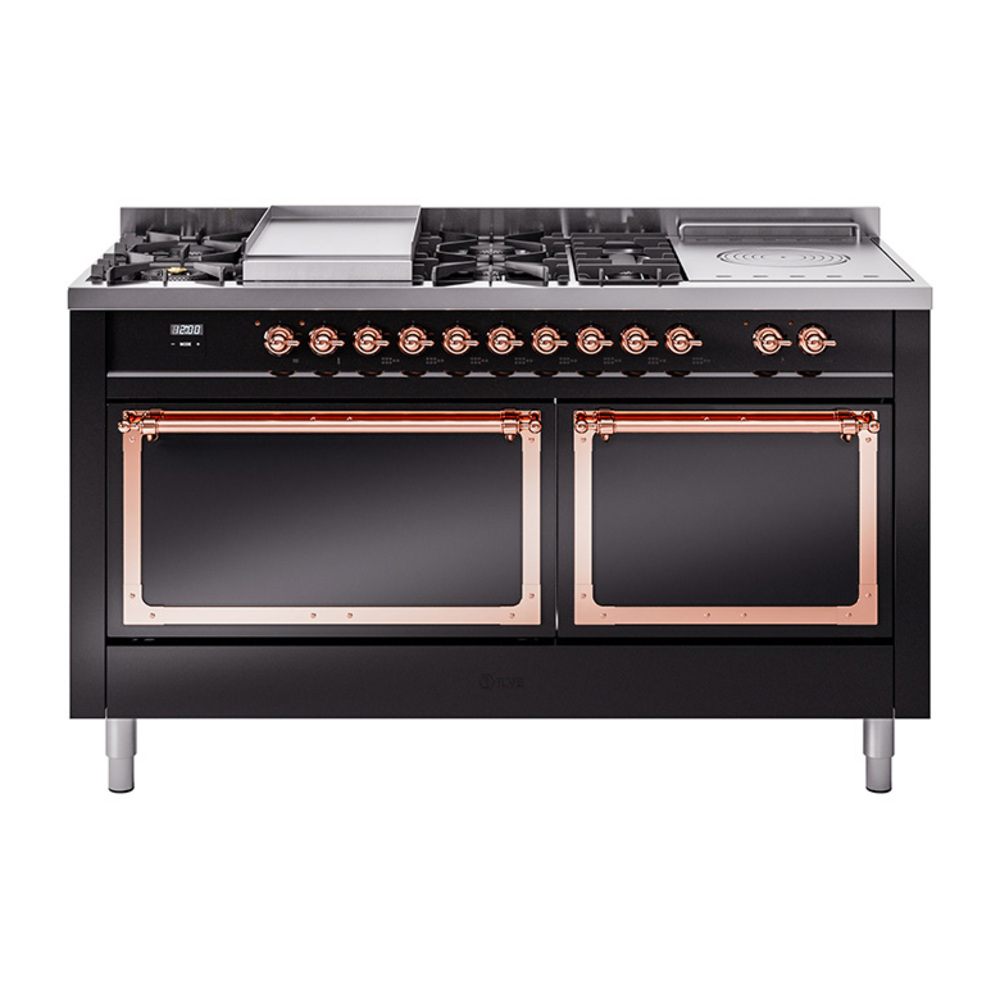 ILVE UN60FSQNMPBKPLP Nostalgie II Noblesse 60" Dual Fuel Range      (7 Sealed Burners + Griddle + French Top, Liquid Propane, Solid Door, Glossy Black, Copper)