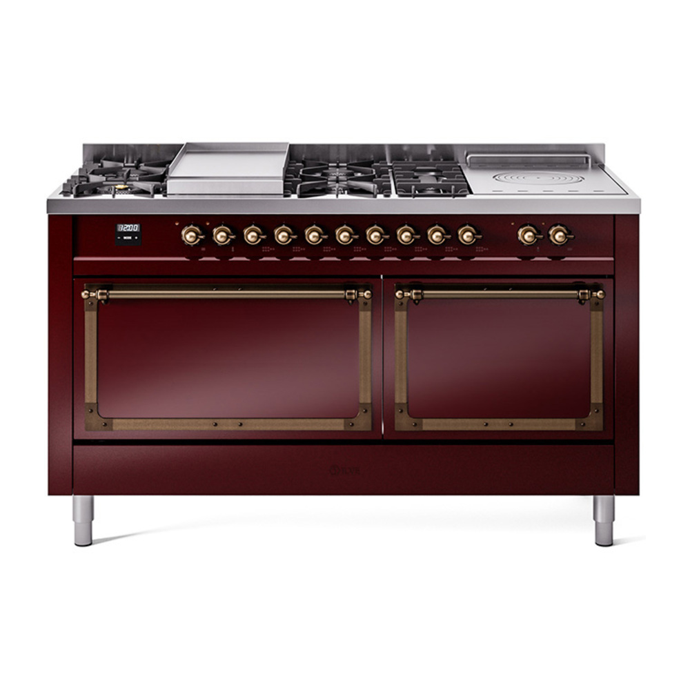 ILVE UN60FSQNMPBUBLP Nostalgie II Noblesse 60" Dual Fuel Range      (7 Sealed Burners + Griddle + French Top, Liquid Propane, Solid Door, Burgundy, Bronze)