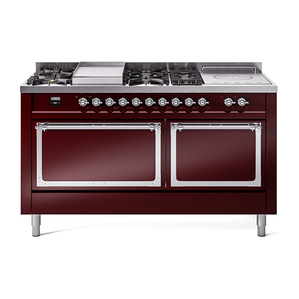 ILVE UN60FSQNMPBUC Nostalgie II Noblesse 60" Dual Fuel Range      (7 Sealed Burners + Griddle + French Top, Natural Gas, Solid Door, Burgundy, Chrome)