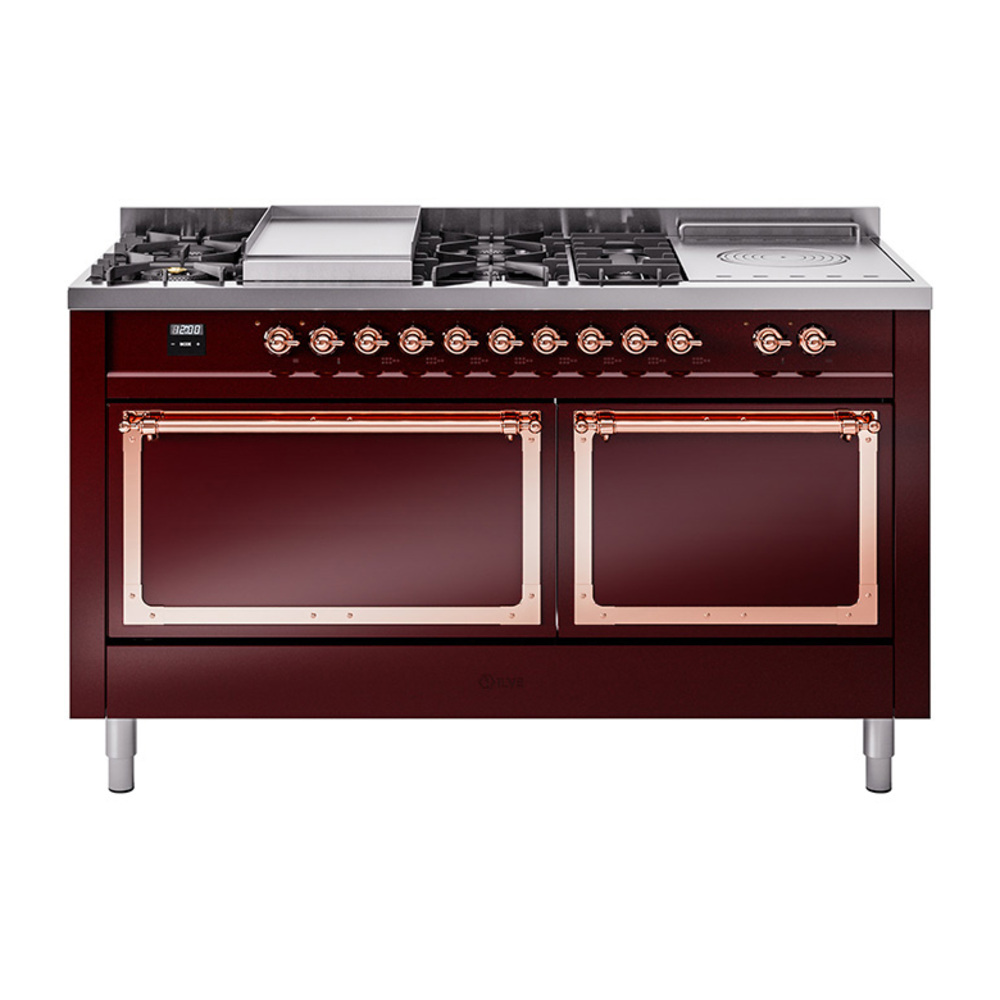 ILVE UN60FSQNMPBUPLP Nostalgie II Noblesse 60" Dual Fuel Range      (7 Sealed Burners + Griddle + French Top, Liquid Propane, Solid Door, Burgundy, Copper)