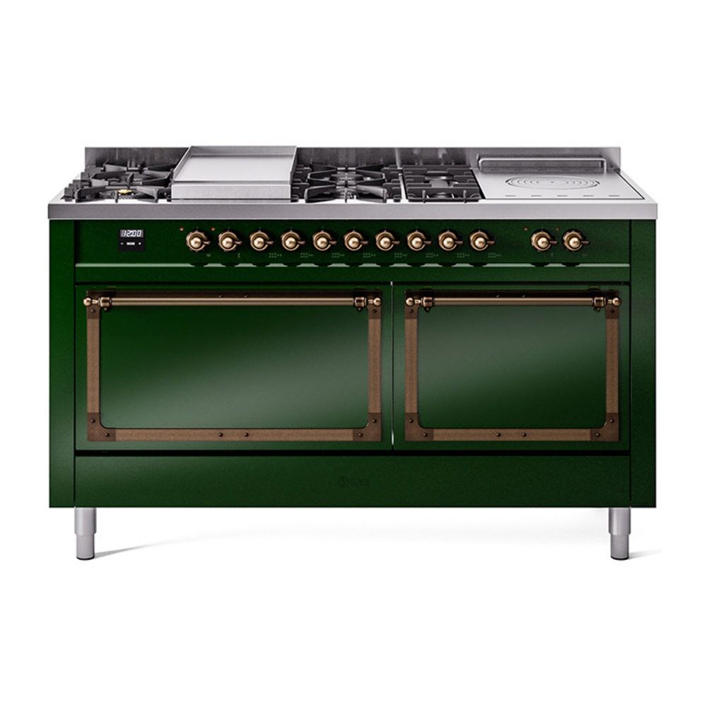 ILVE UN60FSQNMPEGBLP Nostalgie II Noblesse 60" Dual Fuel Range      (7 Sealed Burners + Griddle + French Top, Liquid Propane, Solid Door, Emerald Green, Burnished)