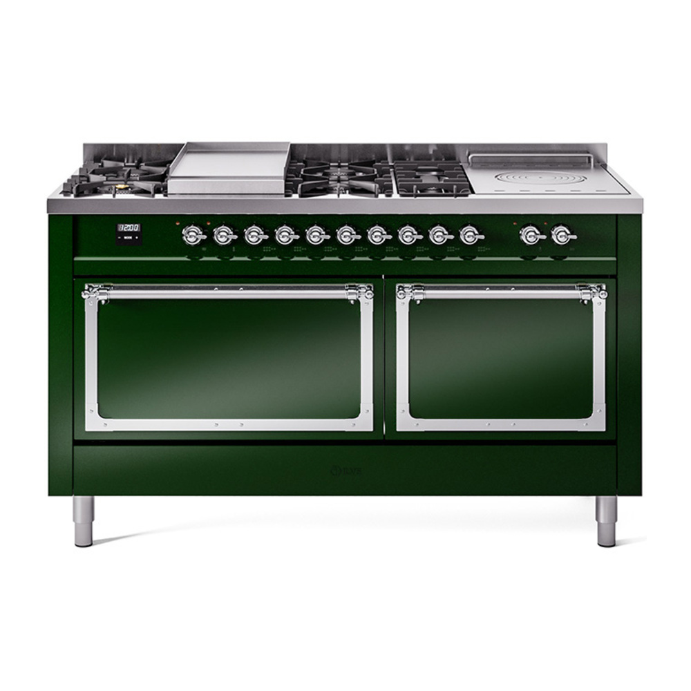 ILVE UN60FSQNMPEGCLP Nostalgie II Noblesse 60" Dual Fuel Range      (7 Sealed Burners + Griddle + French Top, Liquid Propane, Solid Door, Emerald Green, Chrome)