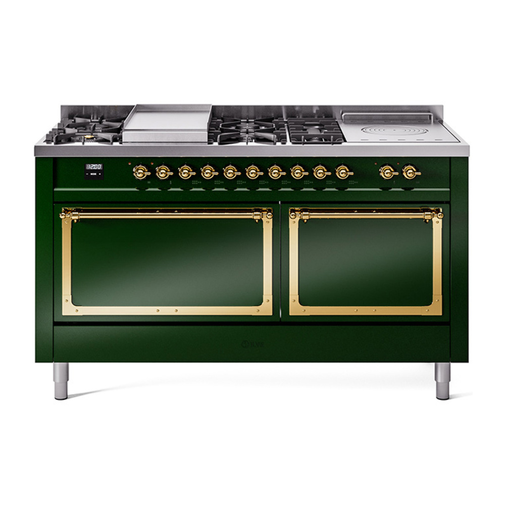 ILVE UN60FSQNMPEGGLP Nostalgie II Noblesse 60" Dual Fuel Range      (7 Sealed Burners + Griddle + French Top, Liquid Propane, Solid Door, Emerald Green, Brass)